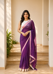 Royal Plum Handwoven Mul Cotton Saree With Elegant Border