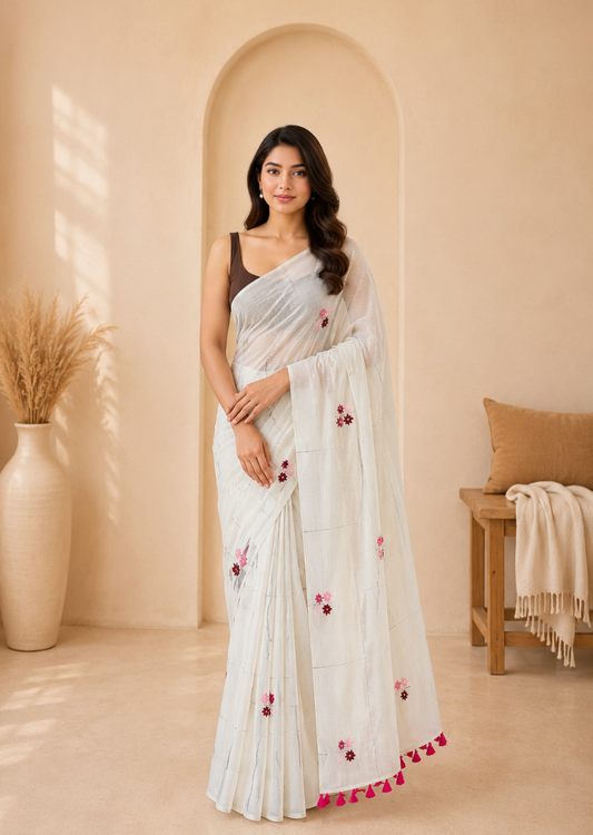 Handloom White Mul Cotton Saree with Pink Hand Embroidery & Kantha Checks