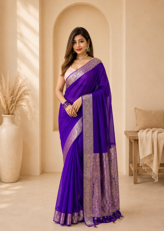 Royal Violet Banarasi Crepe Silk Saree with Jangla Weaving