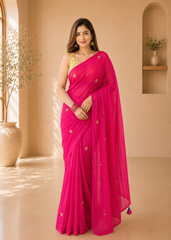Luxury Rani Pink Bengal Loom Saree With Elegant Mirror Work