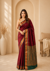 Luxury Maroon Kanjivaram Silk Saree With Emerald Zari Border