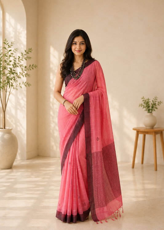 Dusky Pink Rose Bengal Loom Handwoven Saree