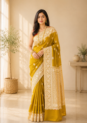 Luxury Neon Green Banarasi Mashru Silk Saree With Lace Border