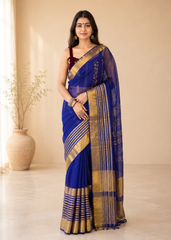 avy Blue Bloom Heritage Linen Zari Saree