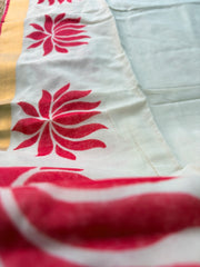 Off-White Bengal Mul Cotton Saree with Red Lotus Block Print & Zari Border