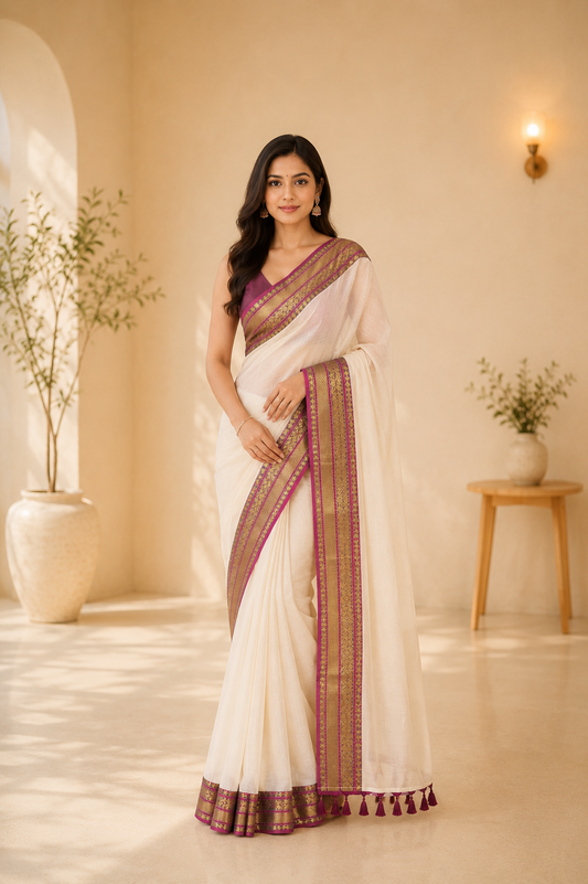 Ivory Varnika – Pure Handloom Mul Saree
