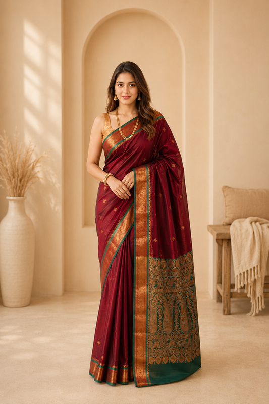 Royal Maroon & Green Kanchipuram Silk Saree with Zari Border