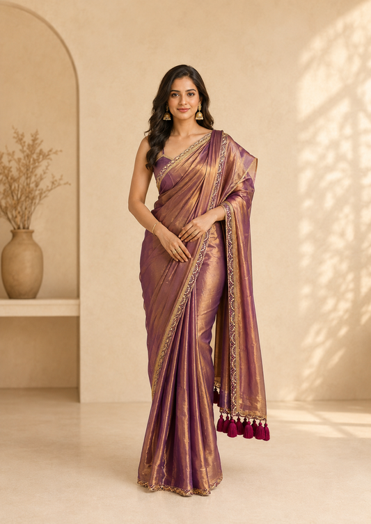 Golden Lavender Grace Mauve Soft Tissue Saree