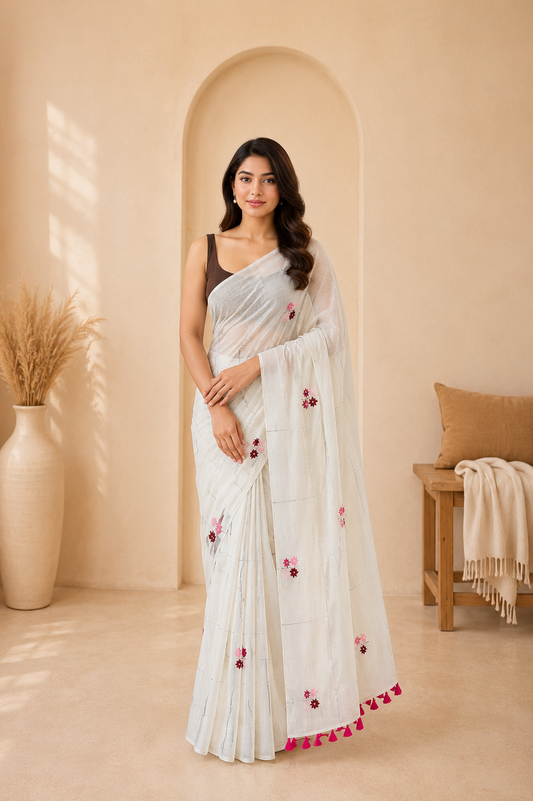 Handloom White Mul Cotton Saree with Pink Hand Embroidery & Kantha Checks