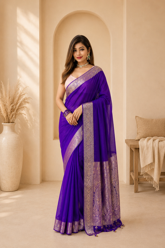 Royal Violet Banarasi Crepe Silk Saree with Jangla Weaving