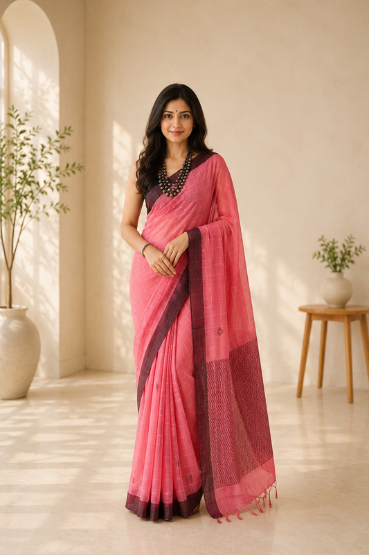 Dusky Pink Rose Bengal Loom Handwoven Saree