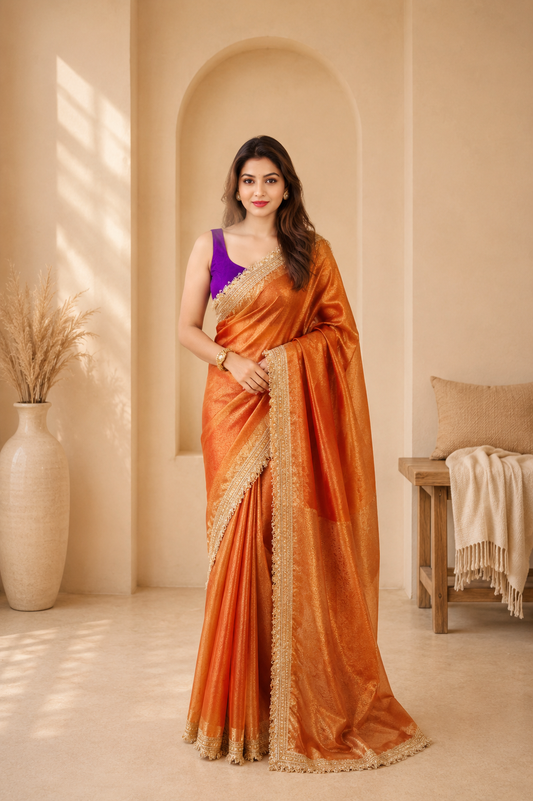 Rust Radiance – Premium Tissue Silk Saree