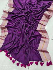 Royal Plum Handwoven Mul Cotton Saree With Elegant Border